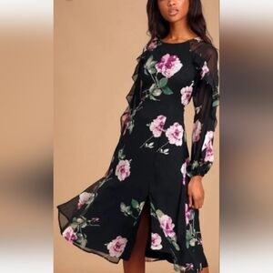 Once and Flor-All Black Floral Long Sleeve Midi Dress